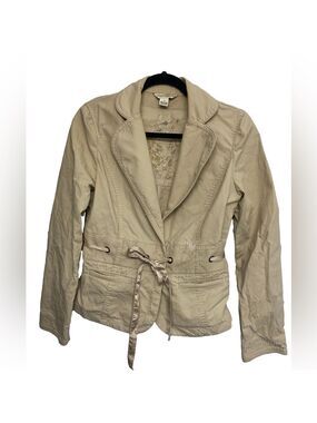 White House Black Market Tan Cotton Utility Blazer Jacket w/ Ribbon Tie - Size 8